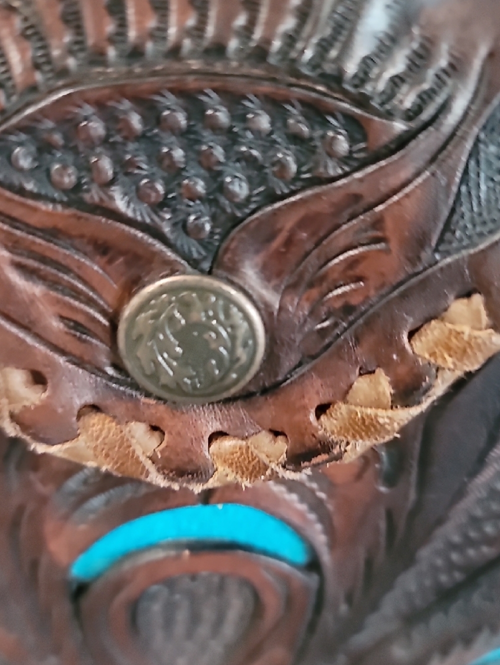 Vintage Handcrafted Tooled Leather Tote Bag in Brown and Turquoise - Picture 2 of 6